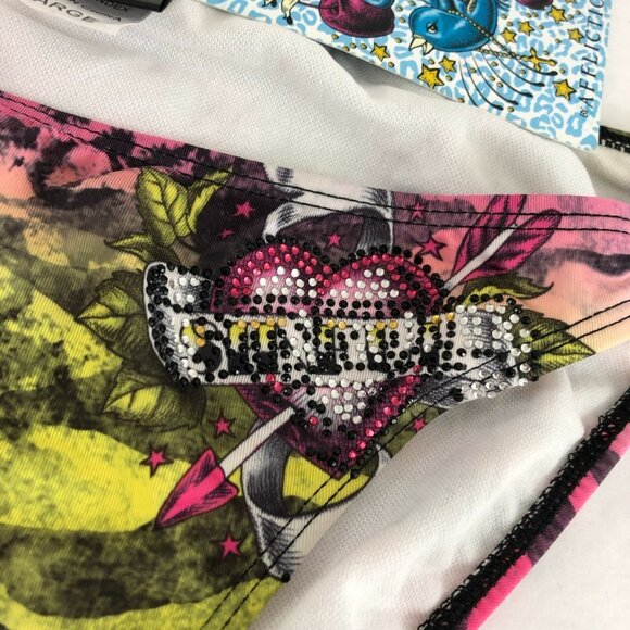 Sinful by Affliction Bikini Bottom Studded Heart Tiger Rhinestone Pink Yellow L - Picture 2 of 6